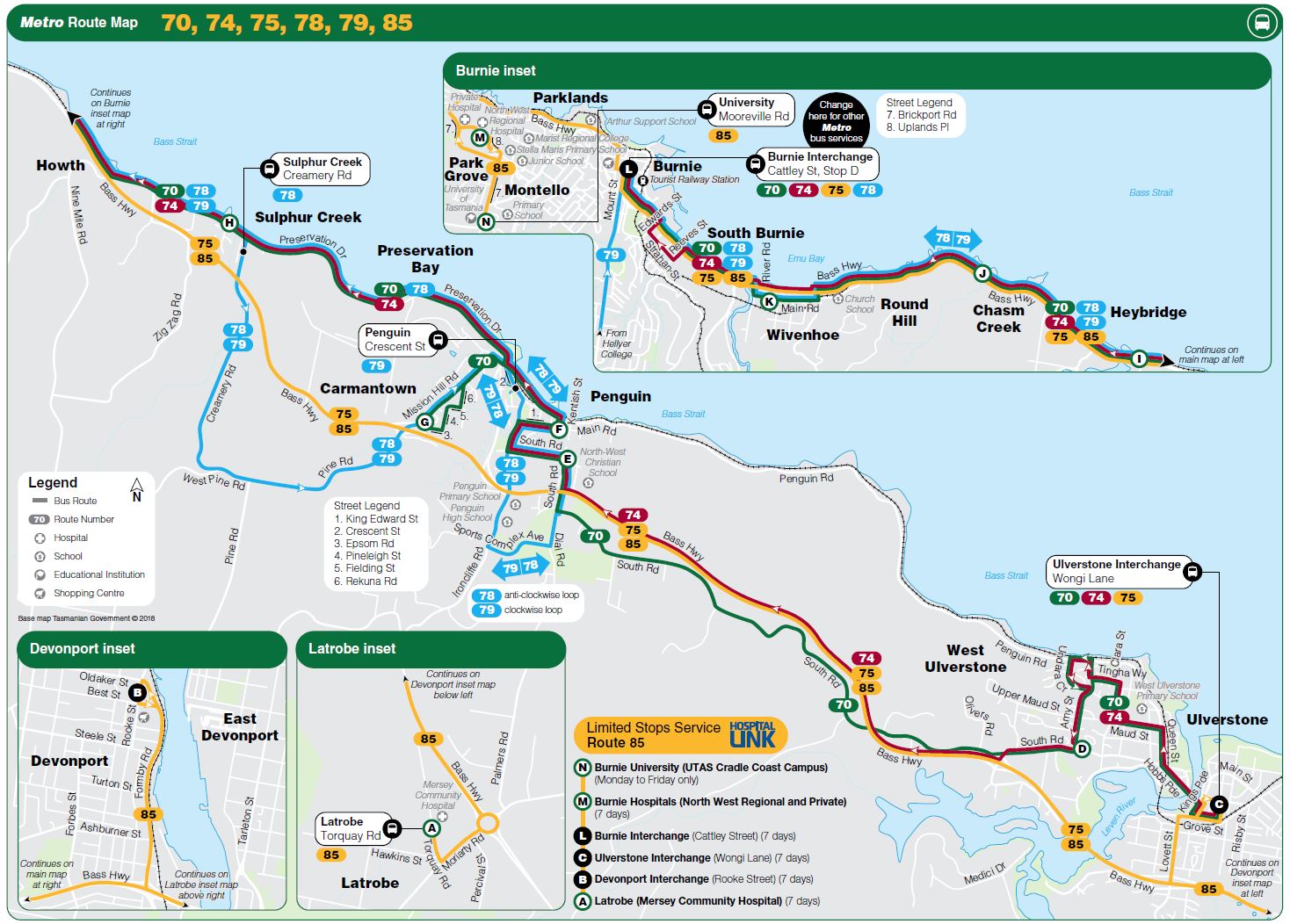Latrobe, Devonport, Ulverstone, Penguin, Burnie, (includes Hospital